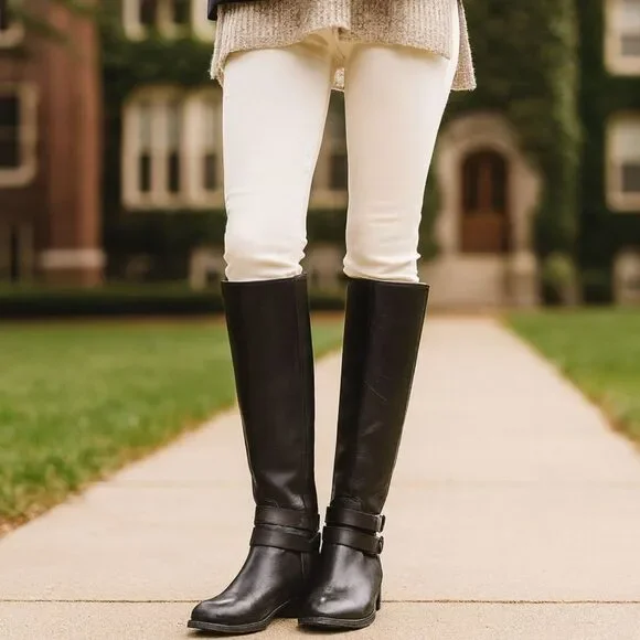 Frye Christie Tall Riding Boots Womens Sz 7.5 Black Leather 2 Buckles Equestrian - Picture 2 of 16